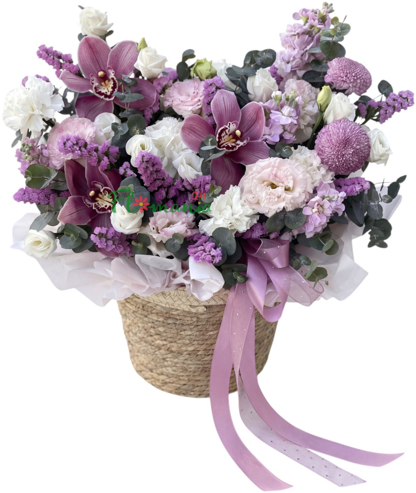 Композиция с орхидеями, лизиантусами и маттиолой «Сиреневая нежность»